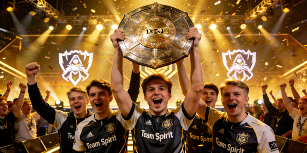Team Spirit战队DOTA2分部捧起冠军盾庆祝胜利
